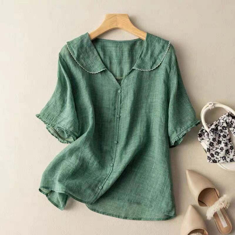 Vintage Scalloped Collar Blouse with Relaxed Fit and Breathable Fabric