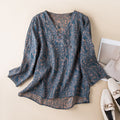 Embroidered Button Front Blouse with Convertible Roll-Up Sleeves and Relaxed Drape
