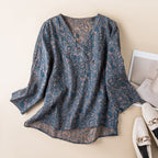 Embroidered Button Front Blouse with Convertible Roll-Up Sleeves and Relaxed Drape