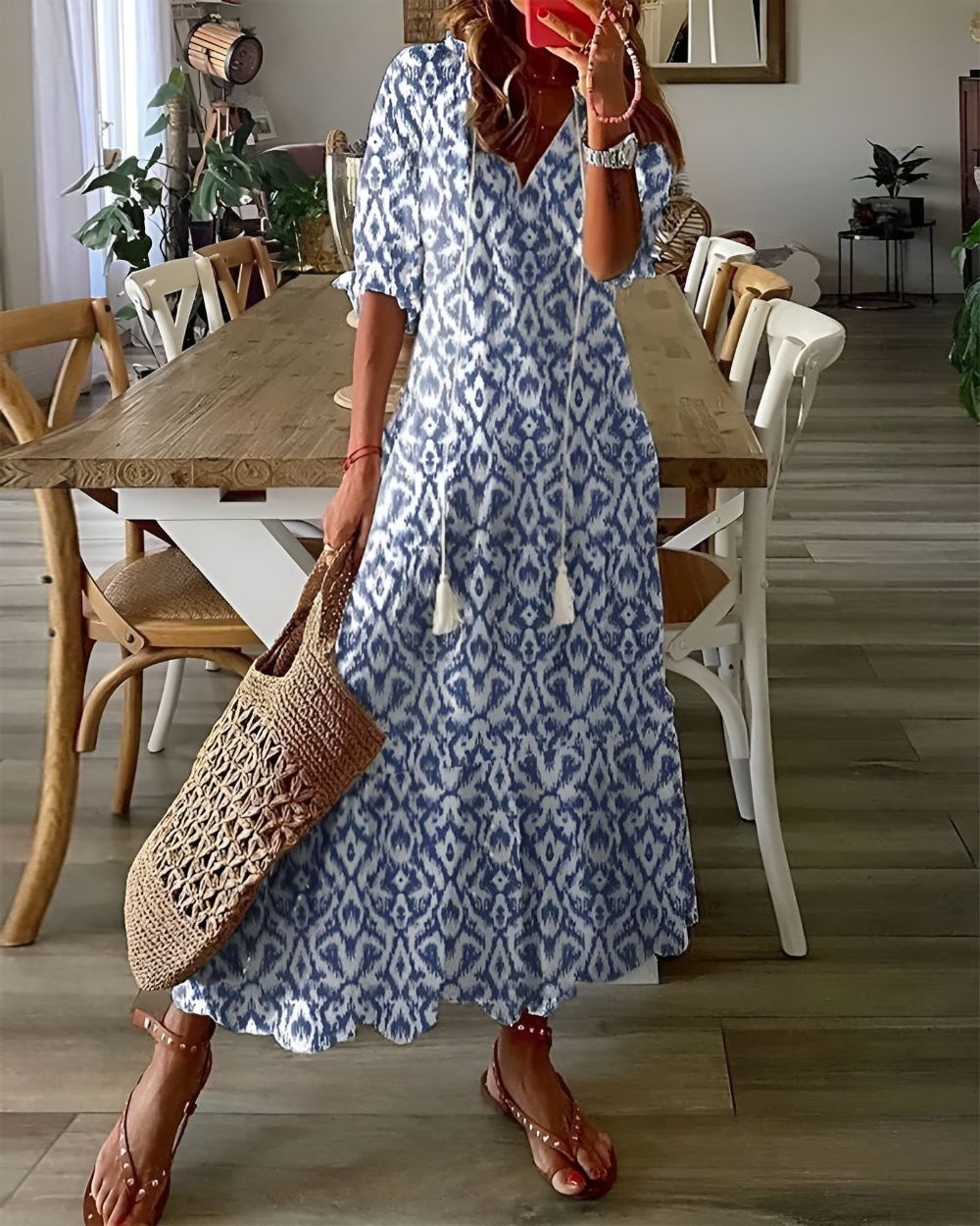 Relaxed Boho Dress with Tassel Accents and Breathable Fabric, Full Coverage
