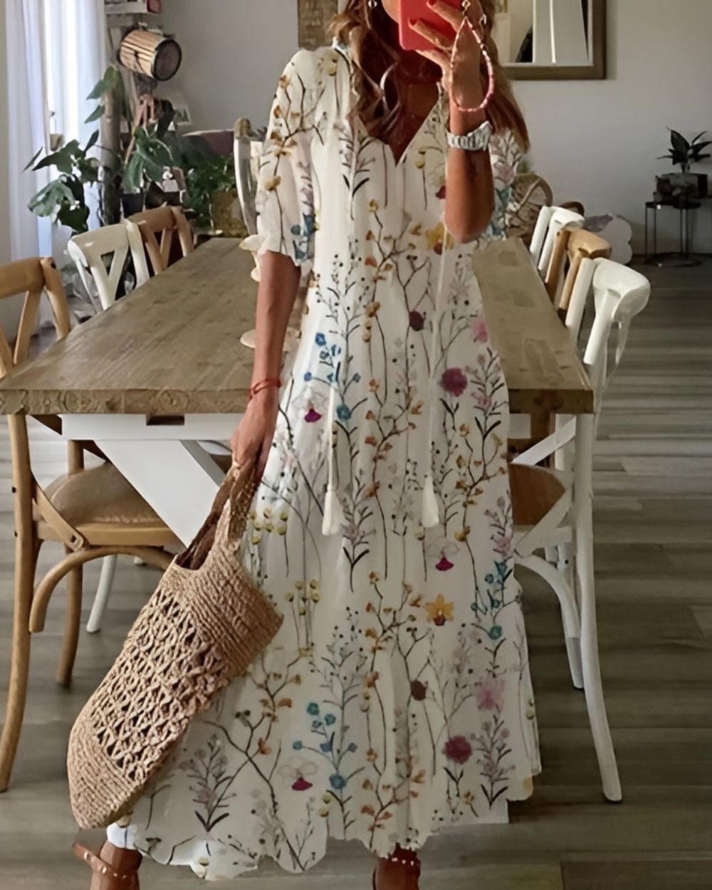 Relaxed Boho Dress with Tassel Accents and Breathable Fabric, Full Coverage