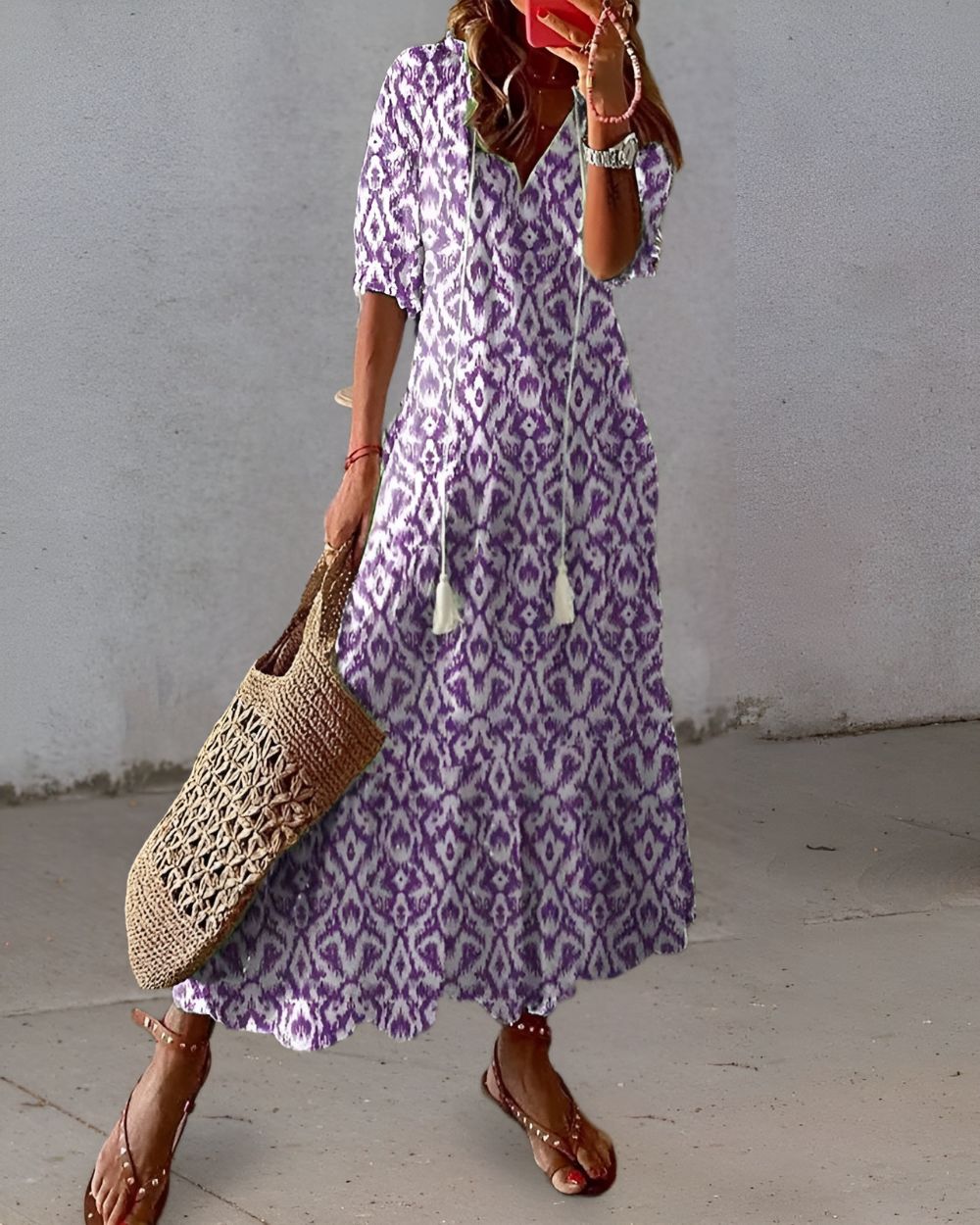 Relaxed Boho Dress with Tassel Accents and Breathable Fabric, Full Coverage