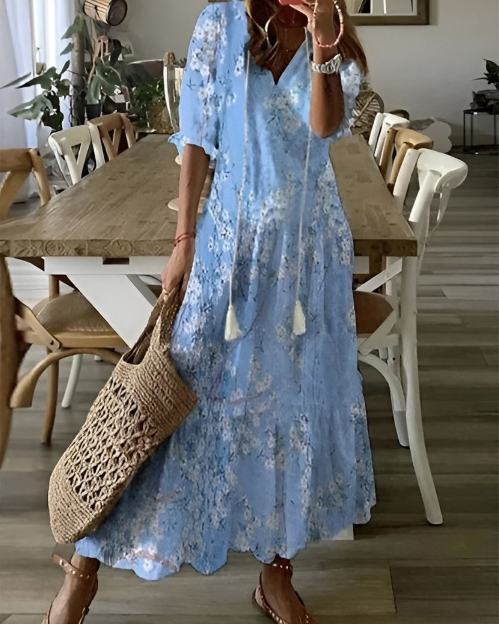 Relaxed Boho Dress with Tassel Accents and Breathable Fabric, Full Coverage