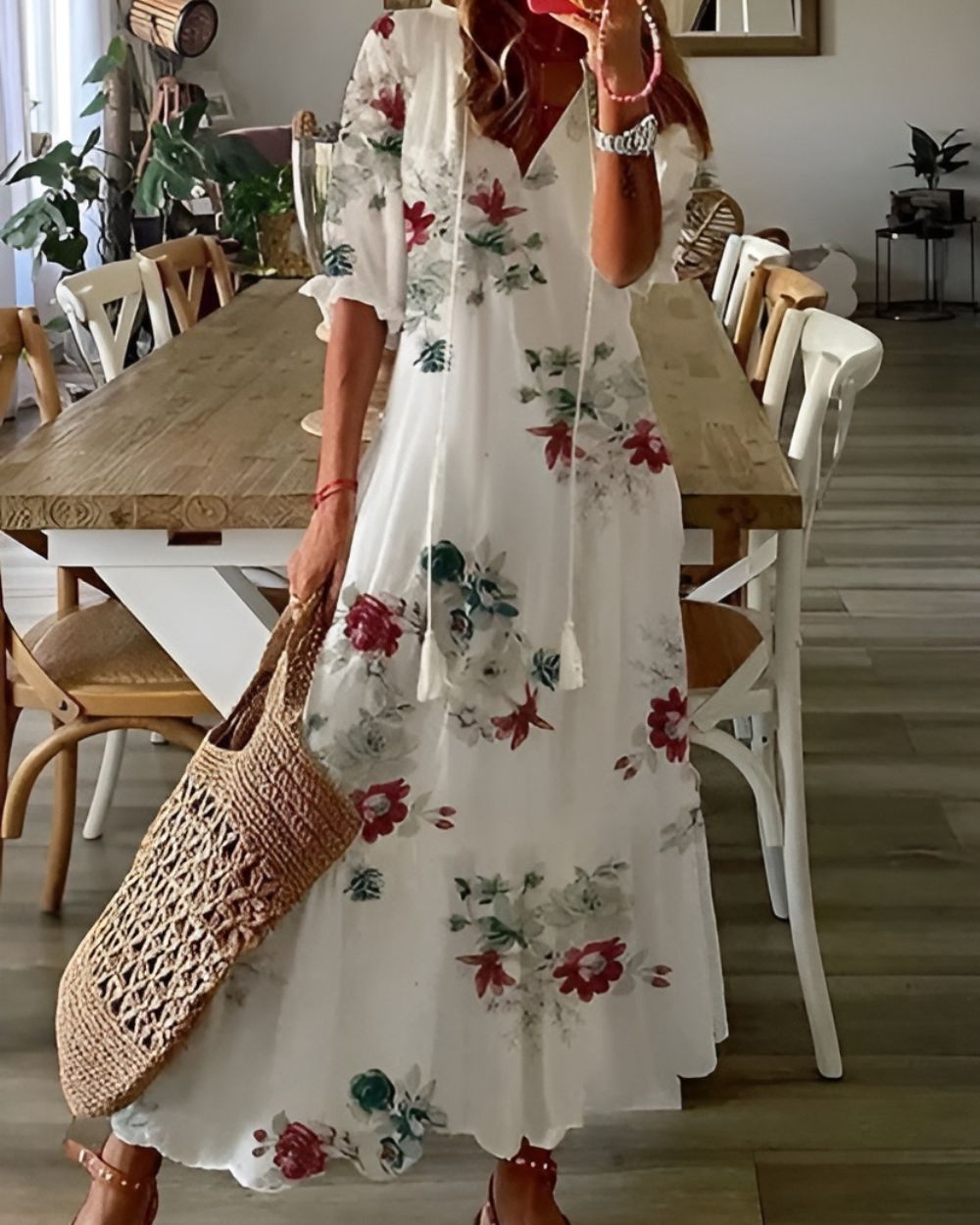 Relaxed Boho Dress with Tassel Accents and Breathable Fabric, Full Coverage