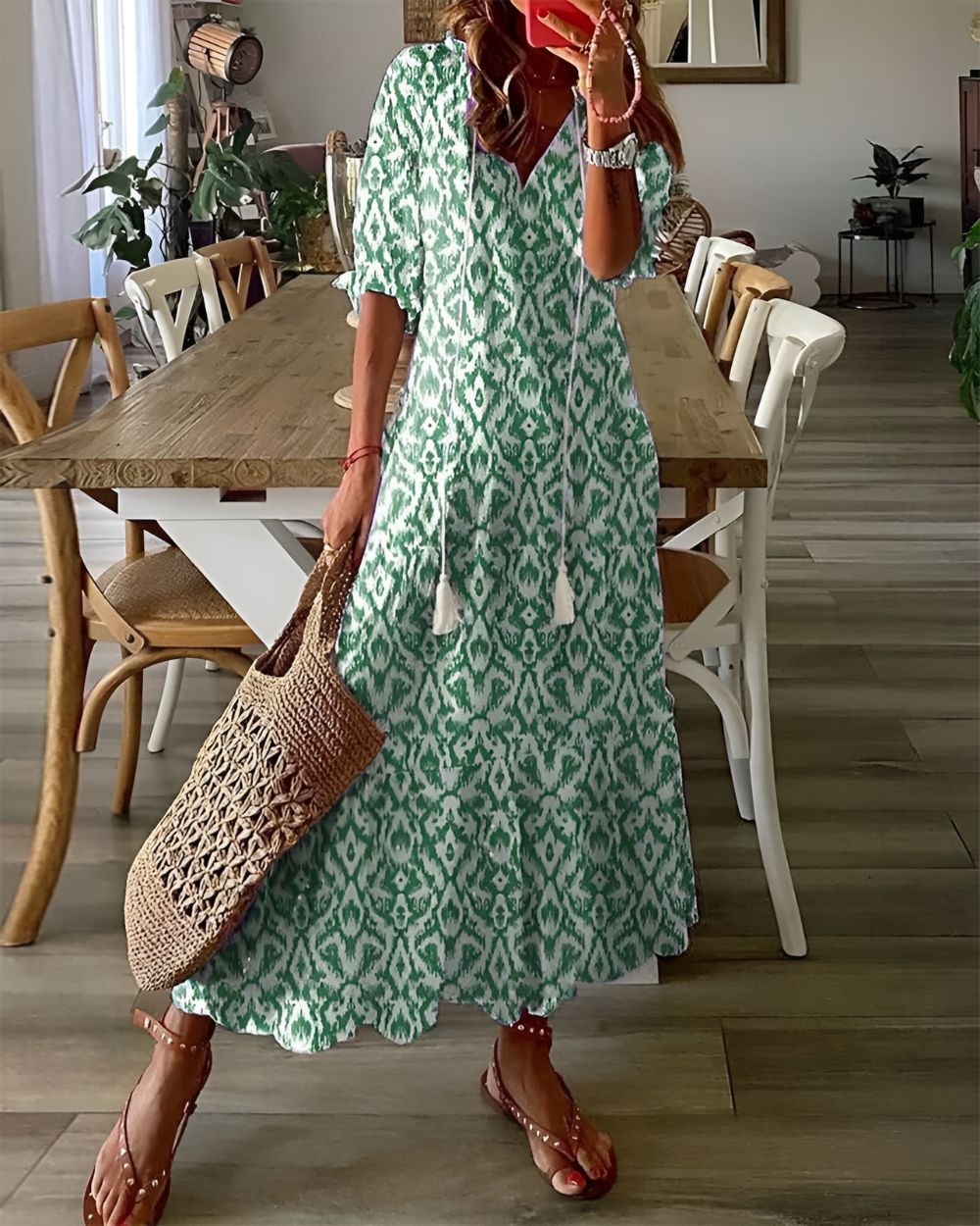 Relaxed Boho Dress with Tassel Accents and Breathable Fabric, Full Coverage