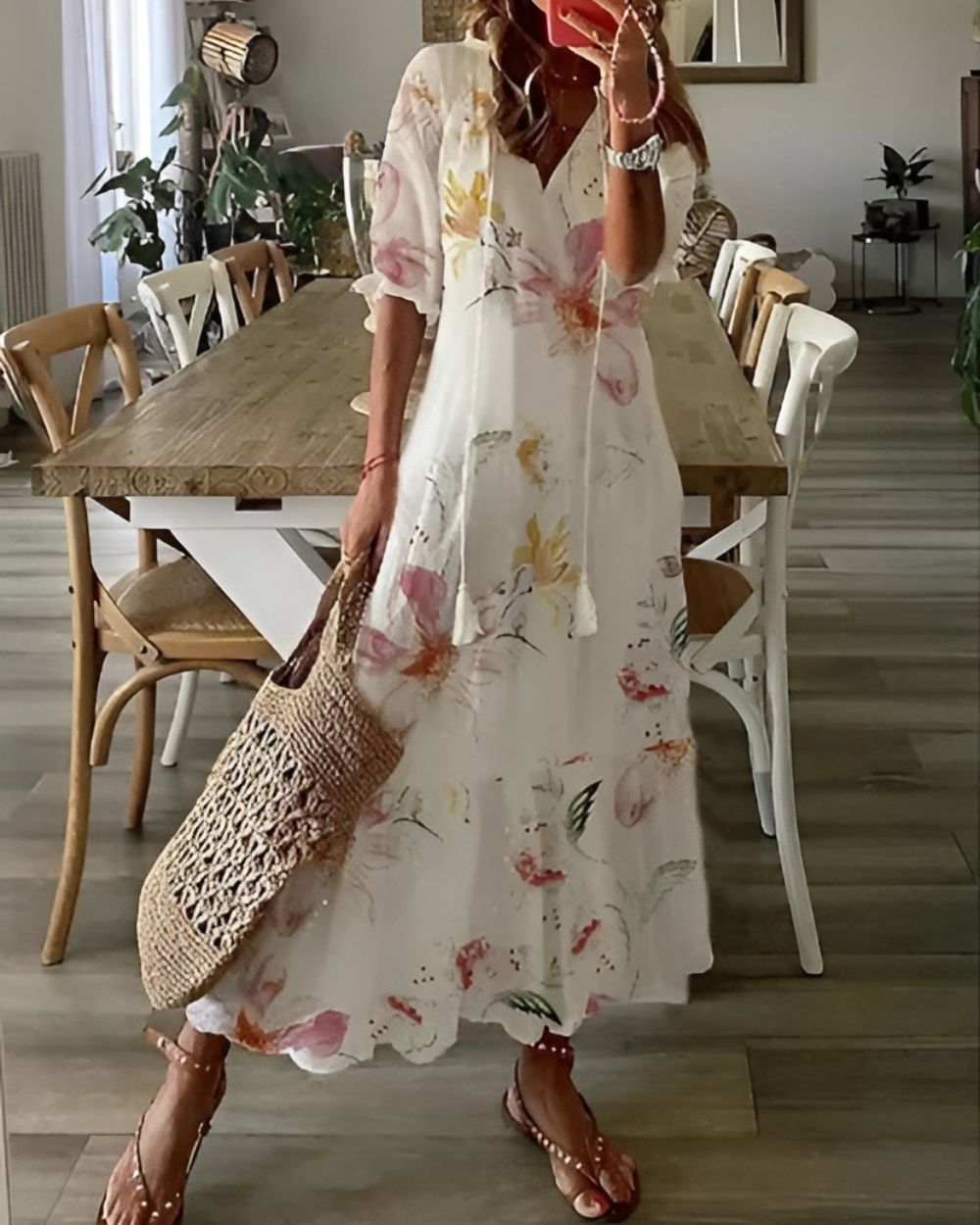 Relaxed Boho Dress with Tassel Accents and Breathable Fabric, Full Coverage