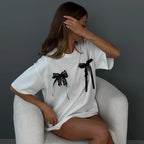 Oversized Bow Tee with Front and Back Bow Details, Crew Neck