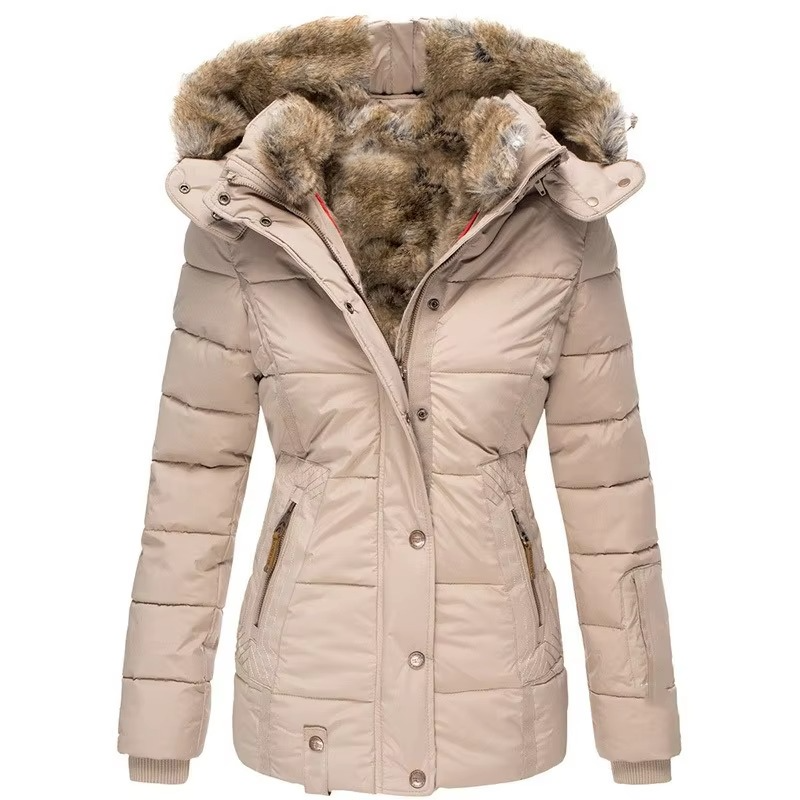 Women's Hooded Parka with Padded Lining and Slim Tailored Fit, Wool-Cotton Windproof Shell