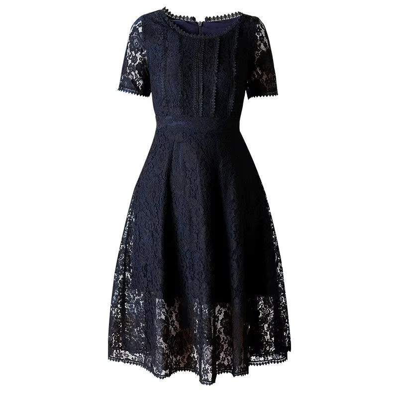 Lace Midi Dress with Hollow Breathable Overlay and Soft Lining, Midcalf Length