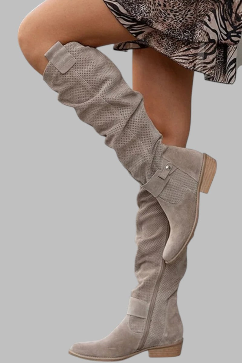 Tall Pleated Suede Boots with Cushioned Sole and Flexible Fit
