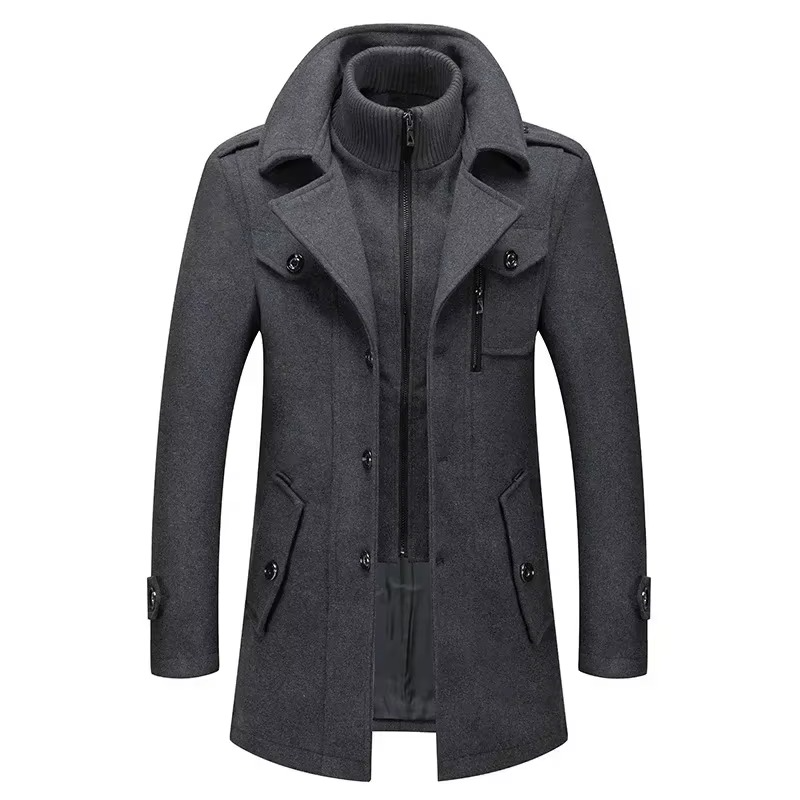 Men's Wool Trench Coat with Double Collar and Zippered Button Closure, Mid-Thigh Lined