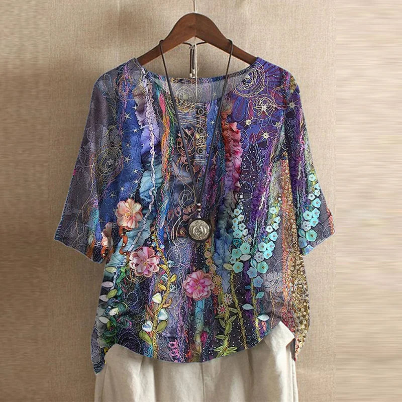 Vintage Floral Blouse with Relaxed Drape and Breathable Fabric Blend