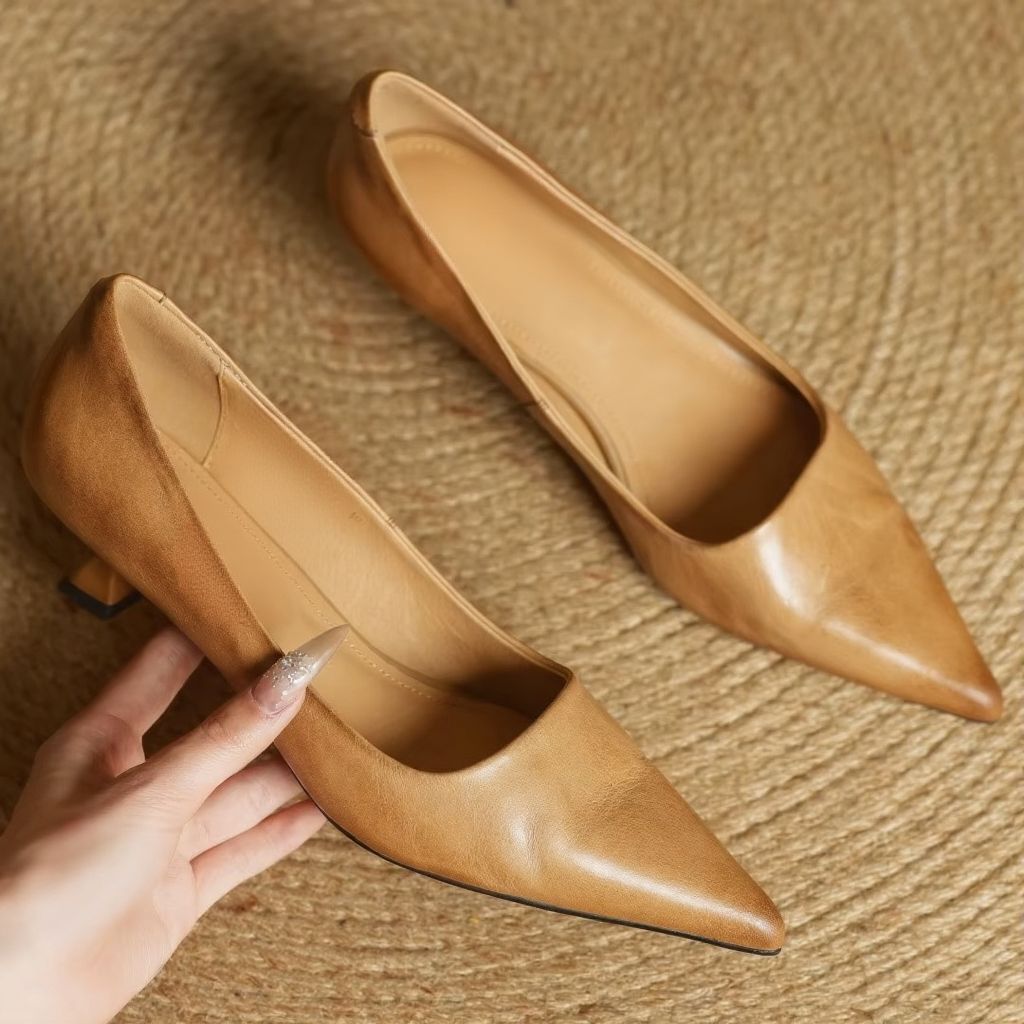 Women's Leather Pumps with Pointed Toe and Slip-On Fit, Cushioned Insole, Rubber Outsole