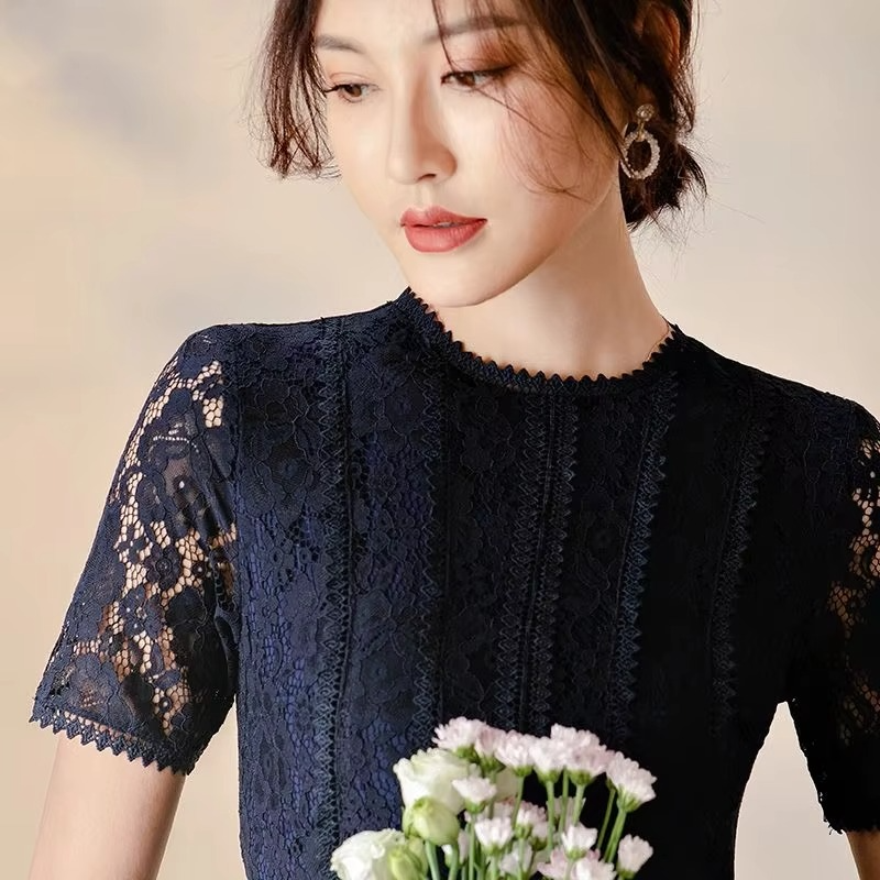 Lace Midi Dress with Hollow Breathable Overlay and Soft Lining, Midcalf Length