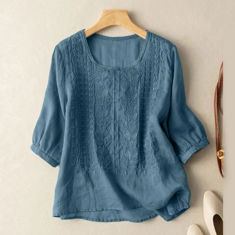 Embroidered Pullover Blouse with Relaxed Fit and Neckline Detail