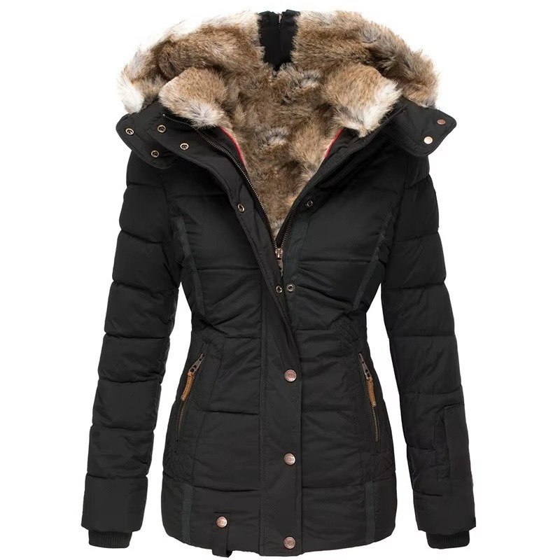 Women's Hooded Parka with Padded Lining and Slim Tailored Fit, Wool-Cotton Windproof Shell