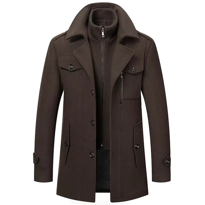 Men's Wool Trench Coat with Double Collar and Zippered Button Closure, Mid-Thigh Lined