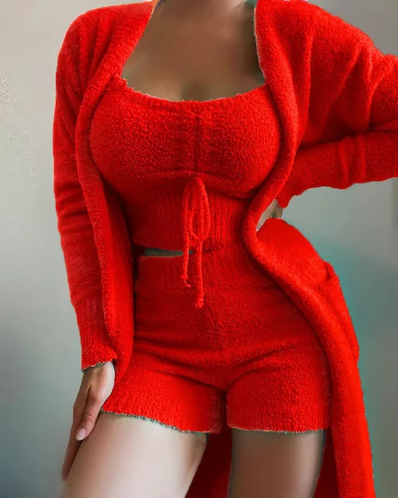 Women's Plush Pajama Set with Open Front Coat and Cropped Top, Elastic Waist Pants