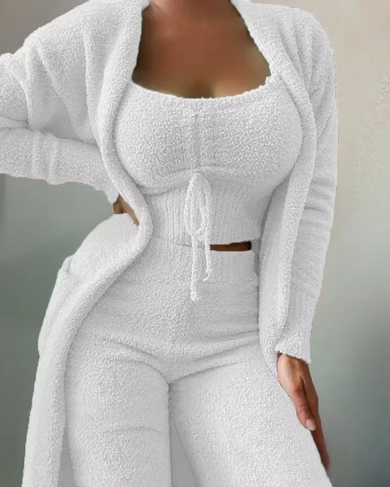 Women's Plush Pajama Set with Open Front Coat and Cropped Top, Elastic Waist Pants