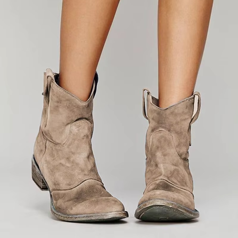 Women's Ankle Boots with Pointed Toe and Low Heel, Slip-On Western Stitching