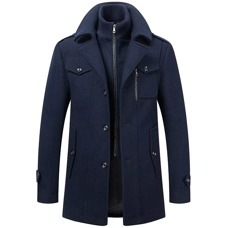 Men's Wool Trench Coat with Double Collar and Zippered Button Closure, Mid-Thigh Lined