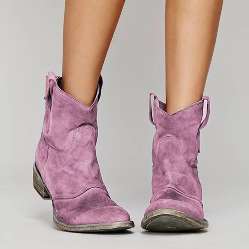 Women's Ankle Boots with Pointed Toe and Low Heel, Slip-On Western Stitching