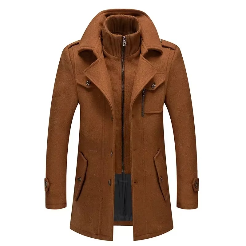 Men's Wool Trench Coat with Double Collar and Zippered Button Closure, Mid-Thigh Lined