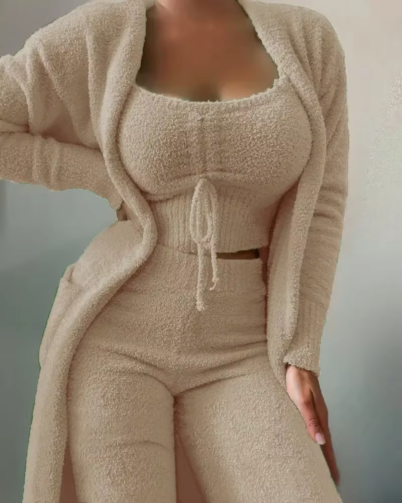 Women's Plush Pajama Set with Open Front Coat and Cropped Top, Elastic Waist Pants