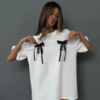 Oversized Bow Tee with Front and Back Bow Details, Crew Neck
