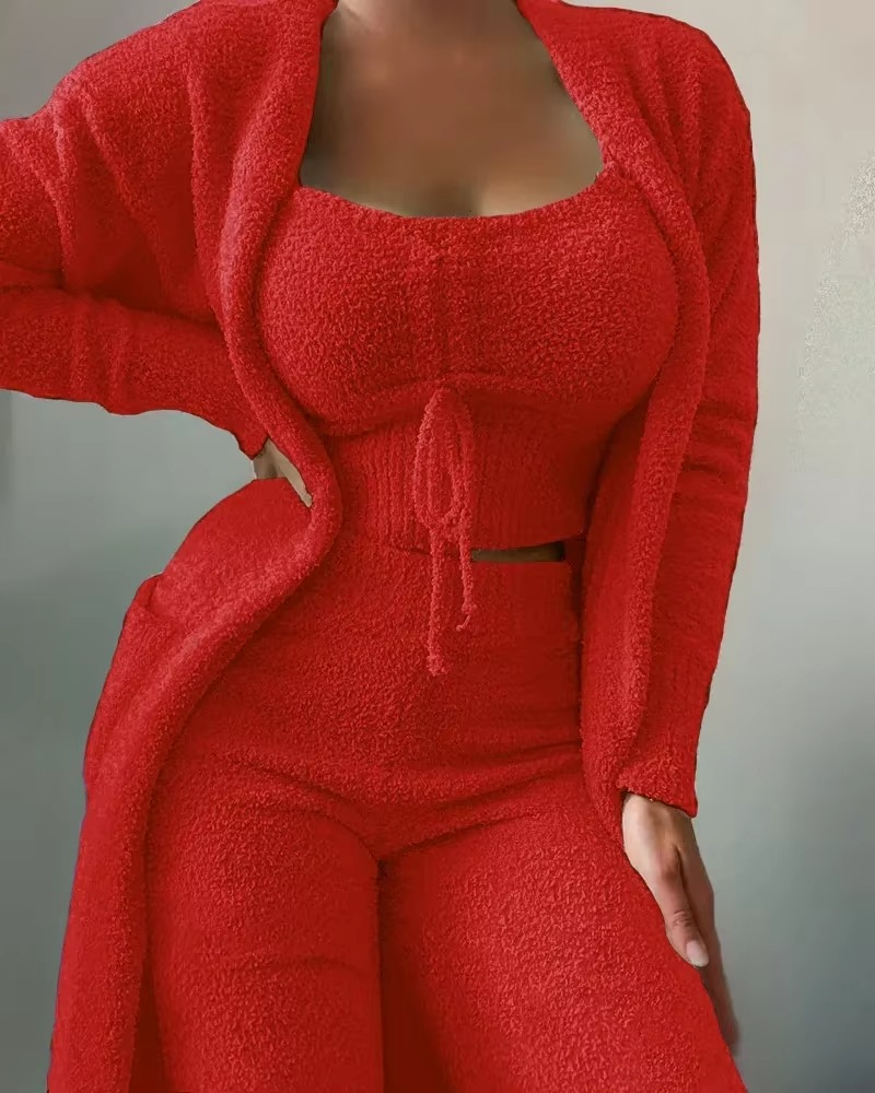 Women's Plush Pajama Set with Open Front Coat and Cropped Top, Elastic Waist Pants