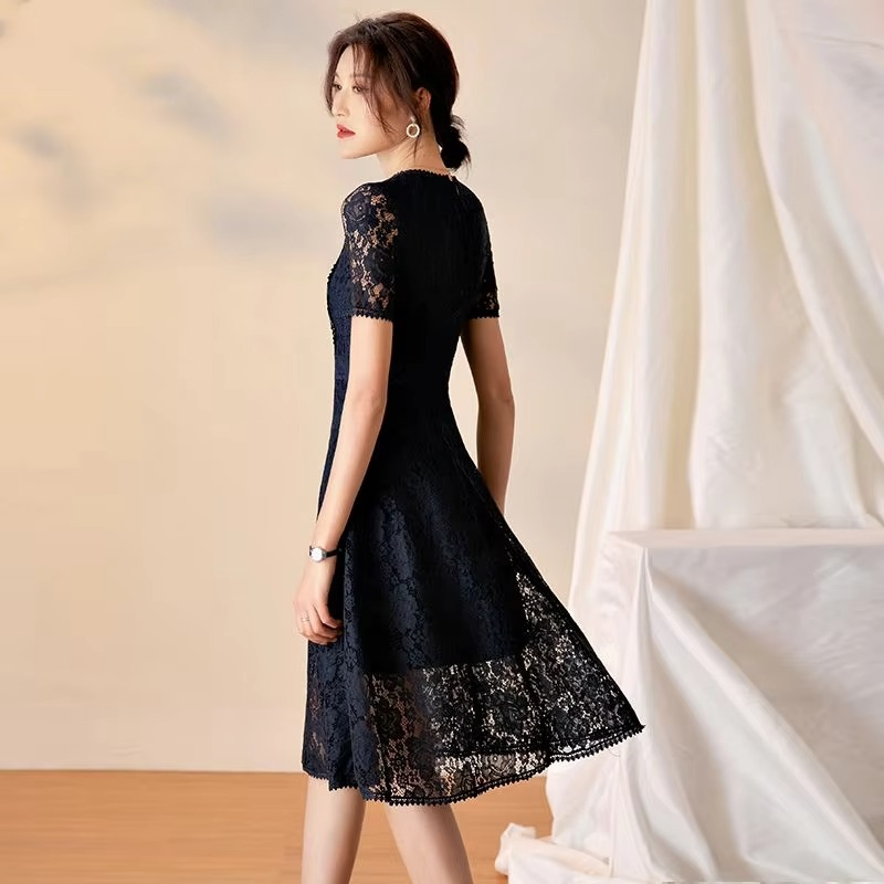 Lace Midi Dress with Hollow Breathable Overlay and Soft Lining, Midcalf Length