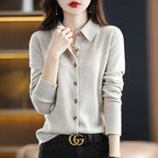 Cashmere Blend Button-Up Sweater with Tailored Fit and Structured Collar
