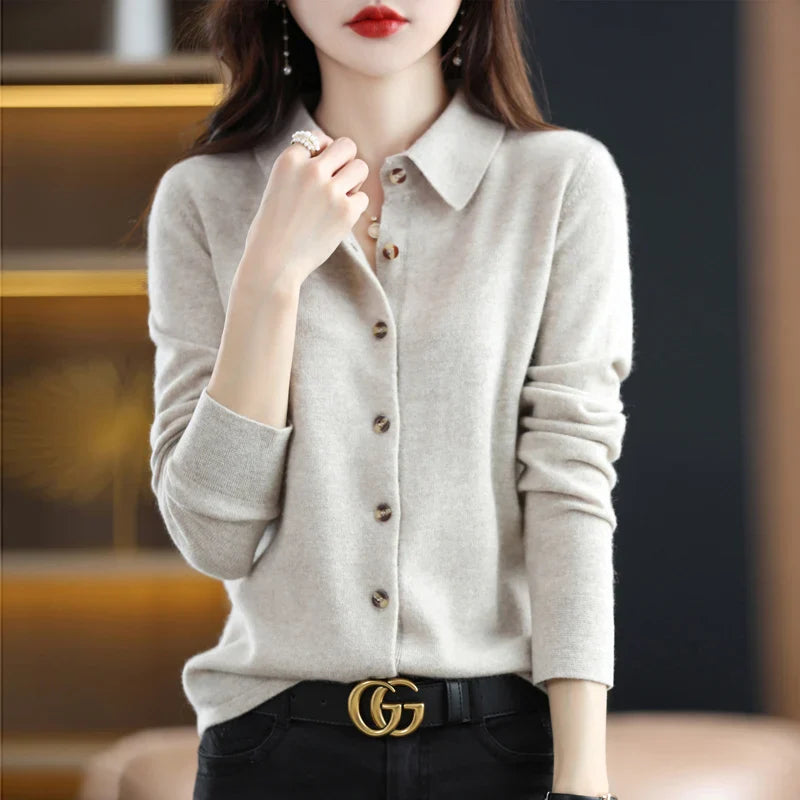 Cashmere Blend Button-Up Sweater with Tailored Fit and Structured Collar