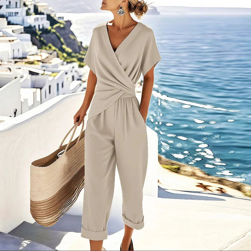 Wrap Front Top and Cropped Trouser Set with Lightweight Breathable Fabric
