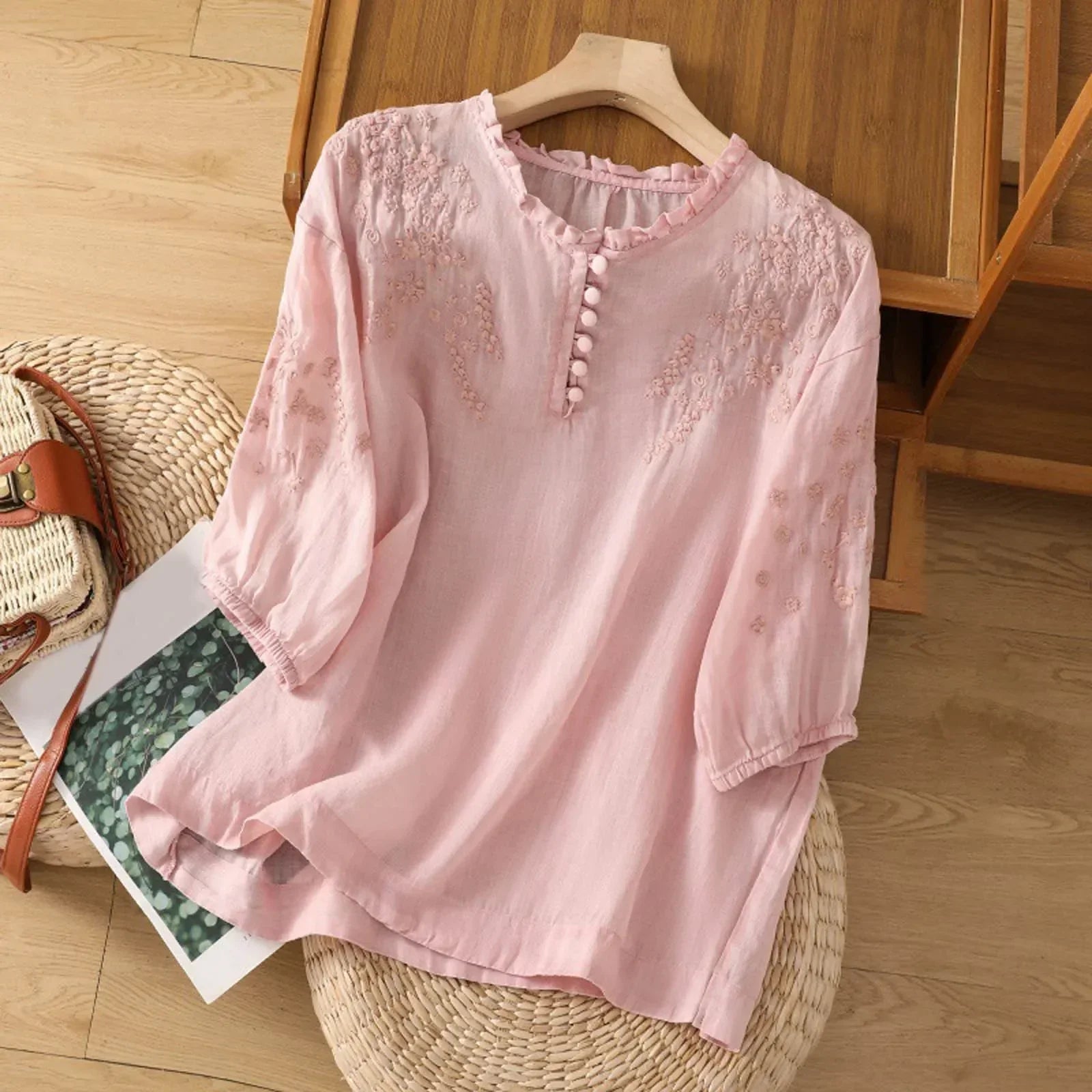 Embroidered Button Down Blouse with Relaxed Drape Fit and Collared Neckline