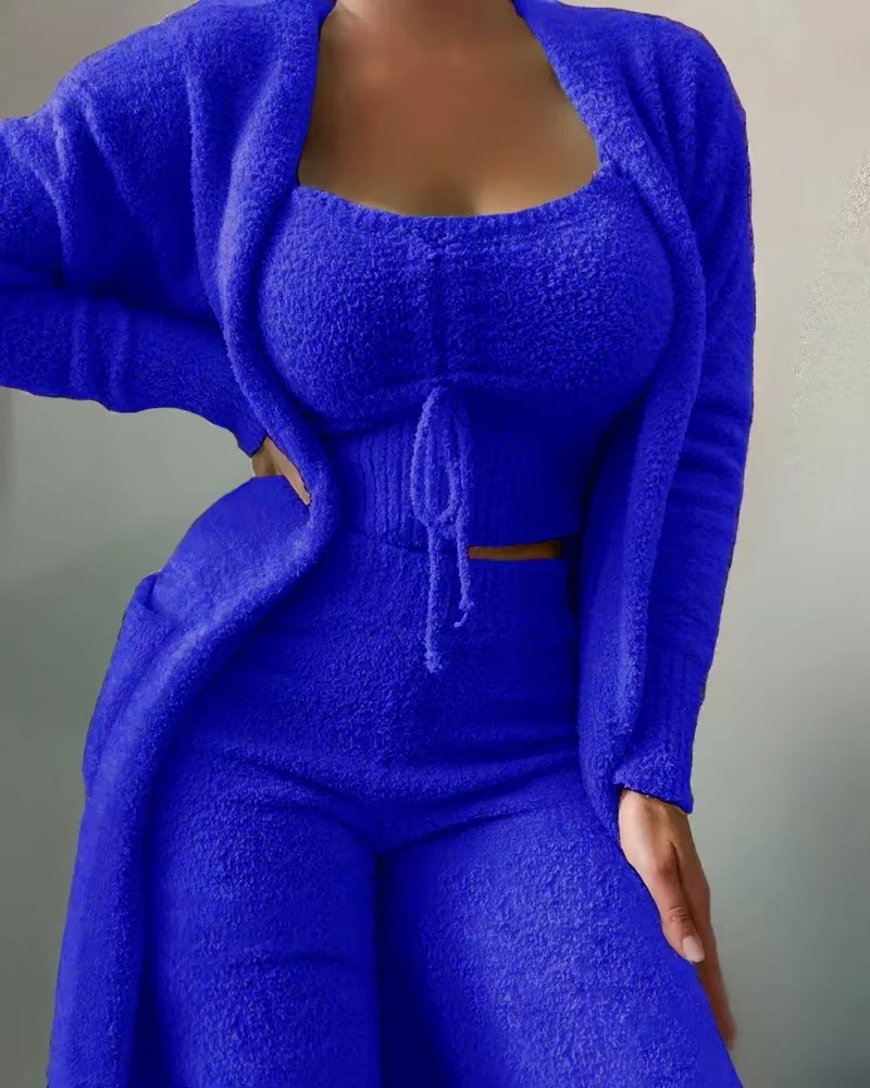Women's Plush Pajama Set with Open Front Coat and Cropped Top, Elastic Waist Pants