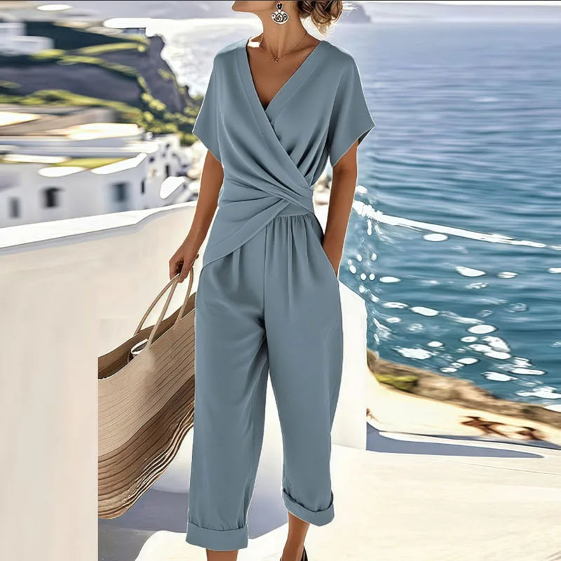 Wrap Front Top and Cropped Trouser Set with Lightweight Breathable Fabric