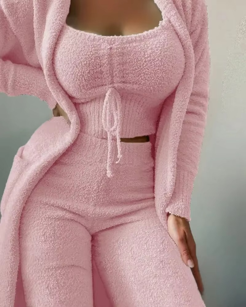 Women's Plush Pajama Set with Open Front Coat and Cropped Top, Elastic Waist Pants