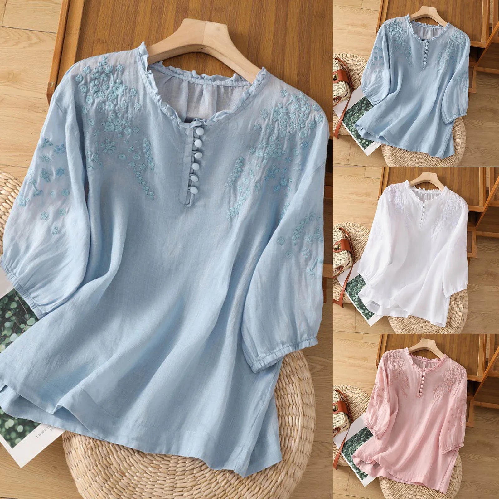 Embroidered Button Down Blouse with Relaxed Drape Fit and Collared Neckline