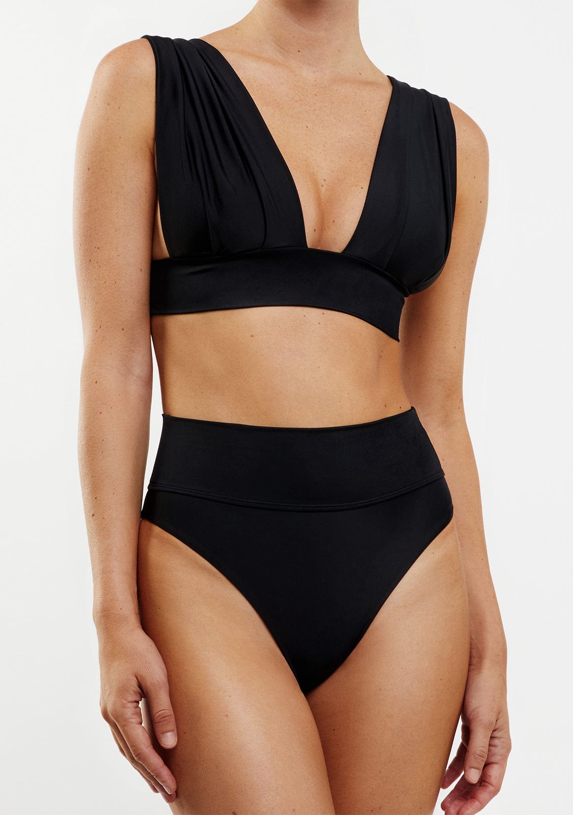 Women's V-Neck Bikini Top with High-Rise Brazilian Bottom and Metal Detail, Black