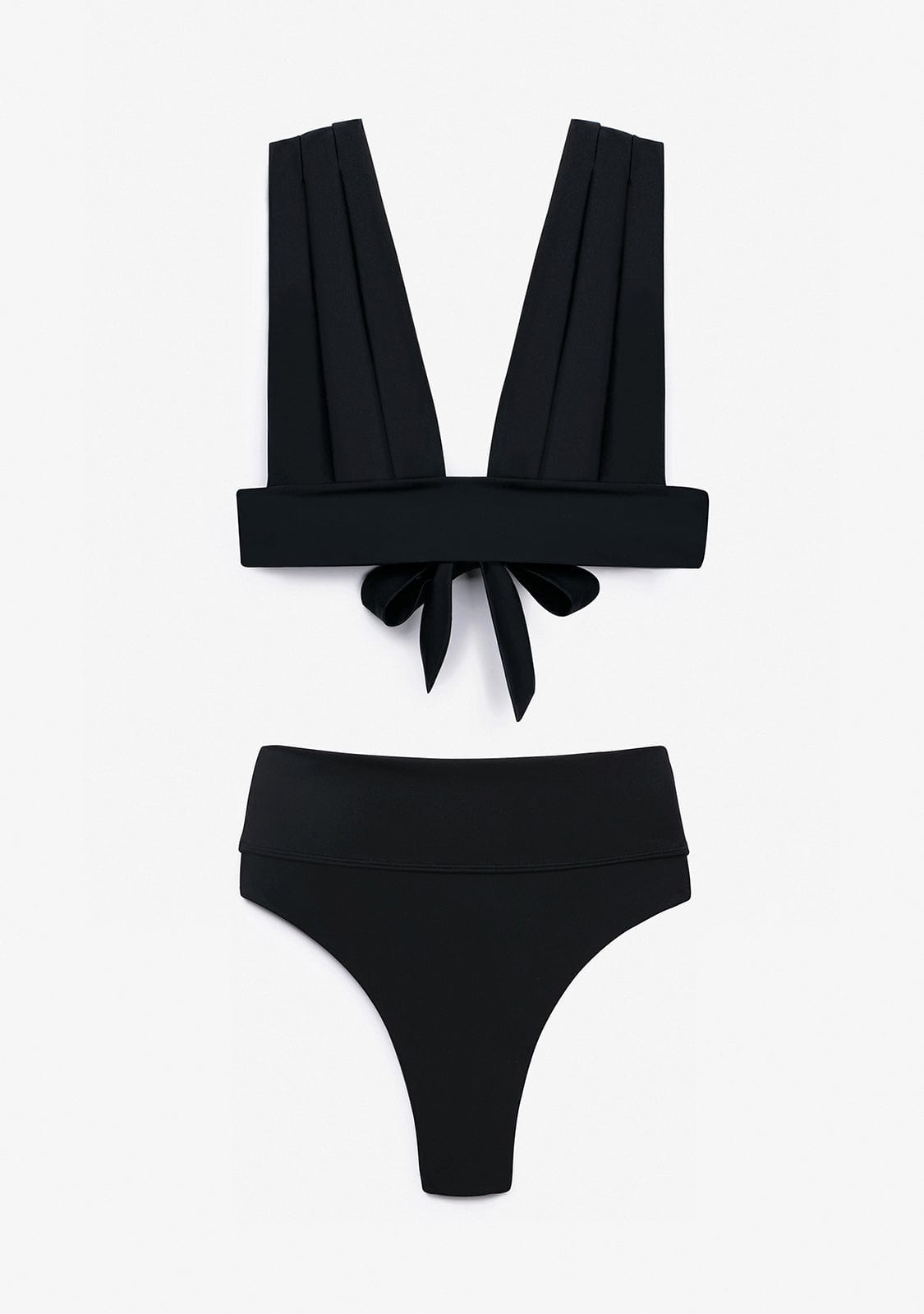 Women's V-Neck Bikini Top with High-Rise Brazilian Bottom and Metal Detail, Black