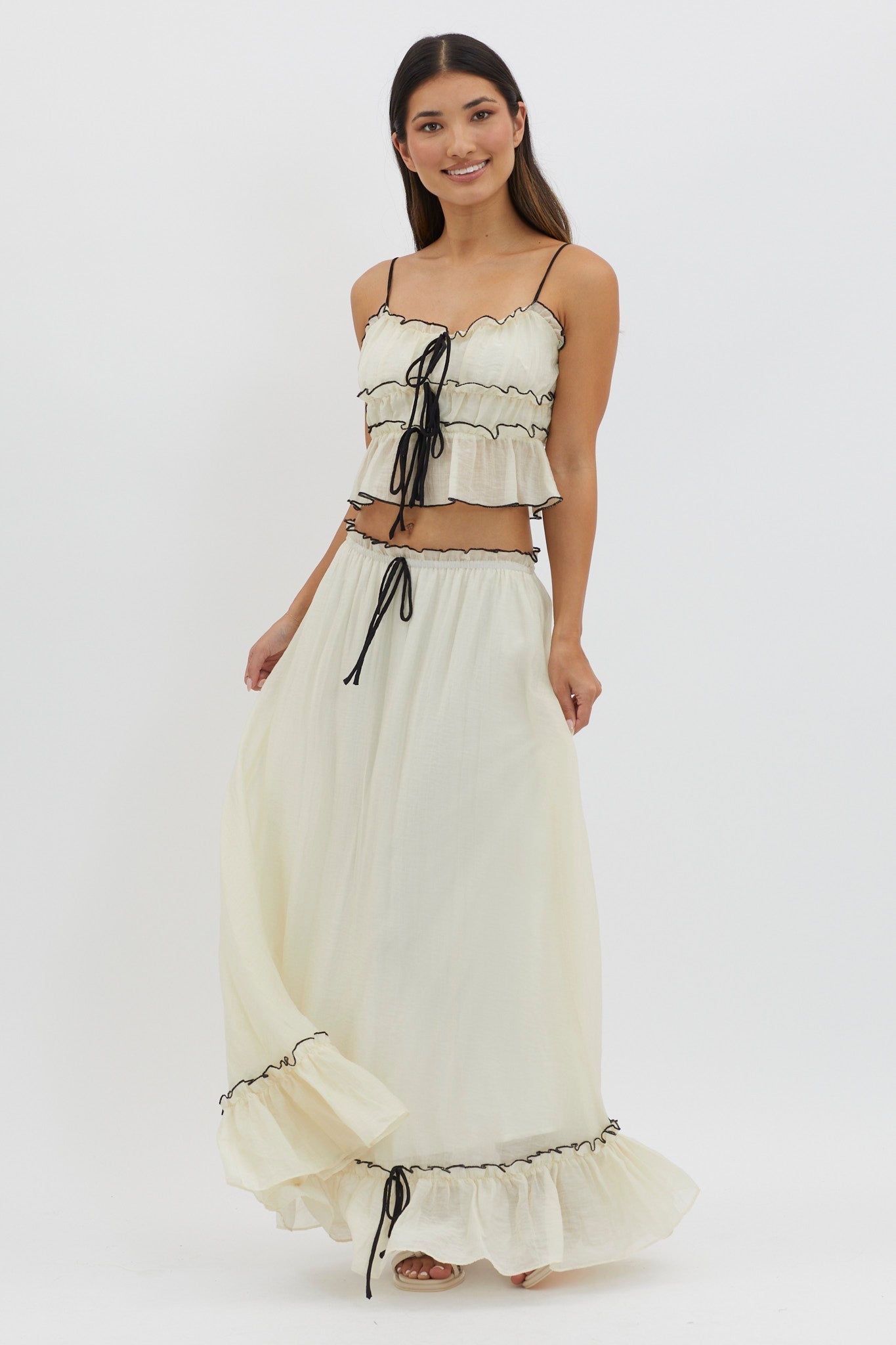 Ruffled Crop Top and Maxi Skirt Set with Breathable Crinkle Fabric