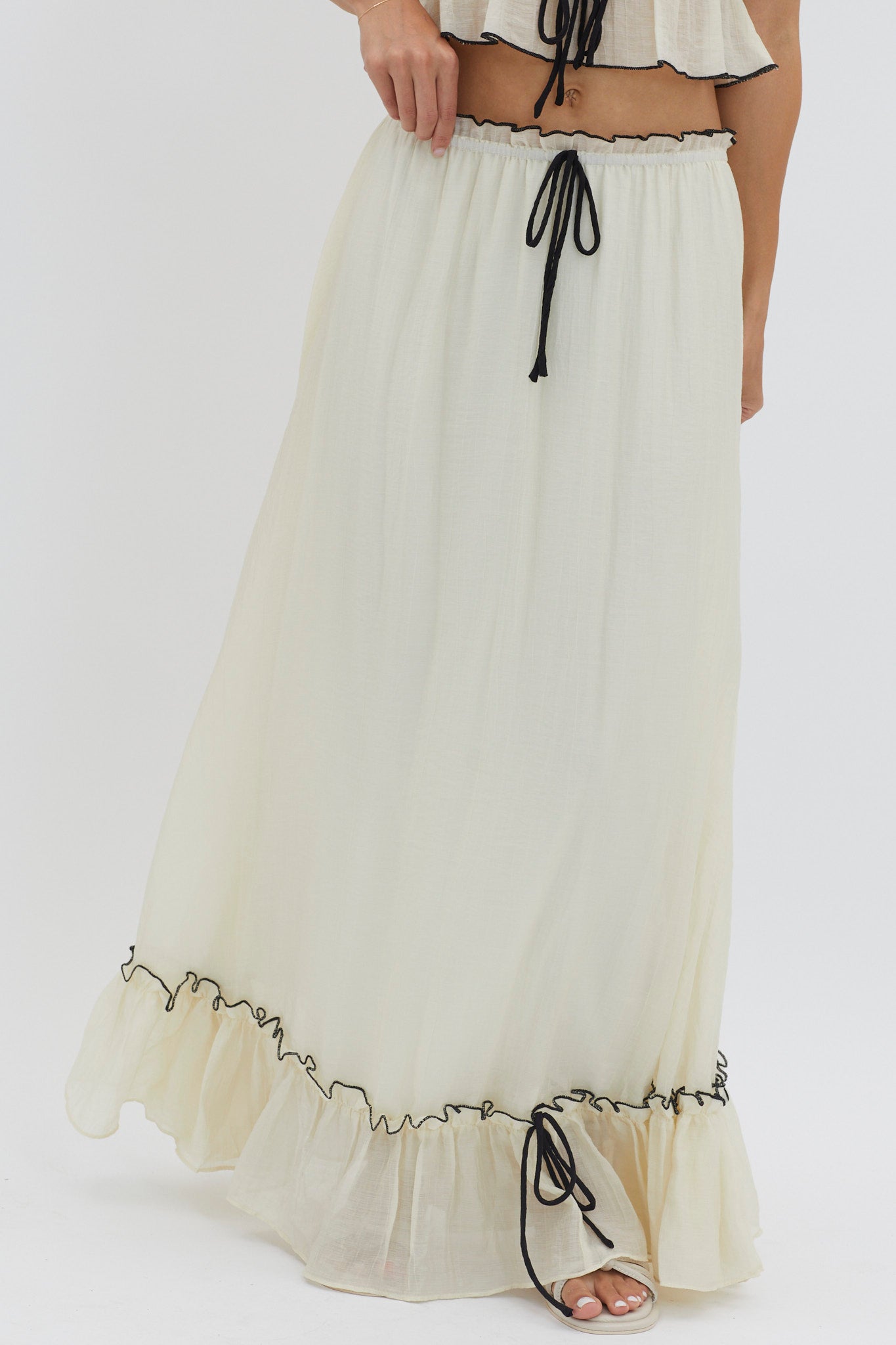 Ruffled Crop Top and Maxi Skirt Set with Breathable Crinkle Fabric
