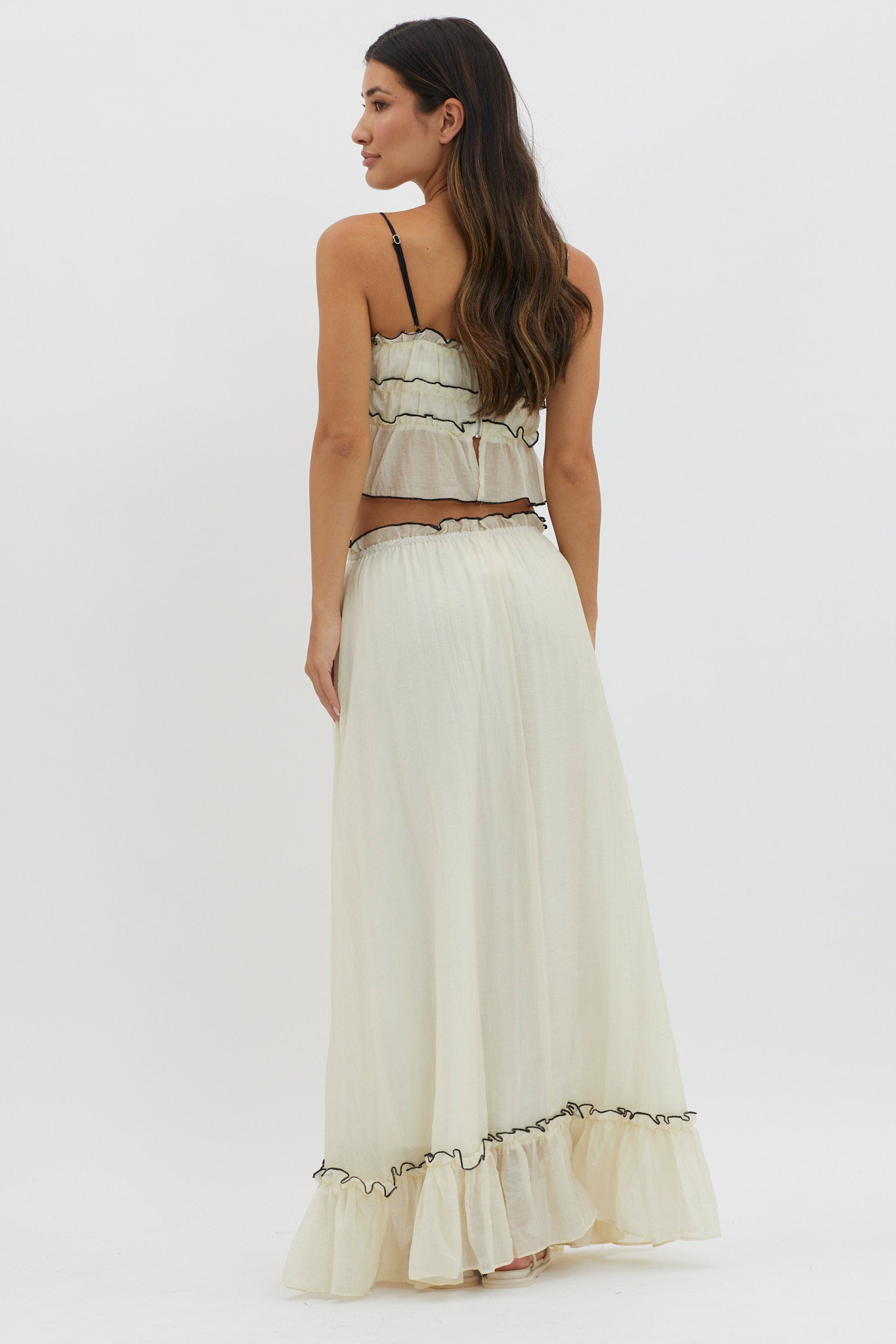 Ruffled Crop Top and Maxi Skirt Set with Breathable Crinkle Fabric