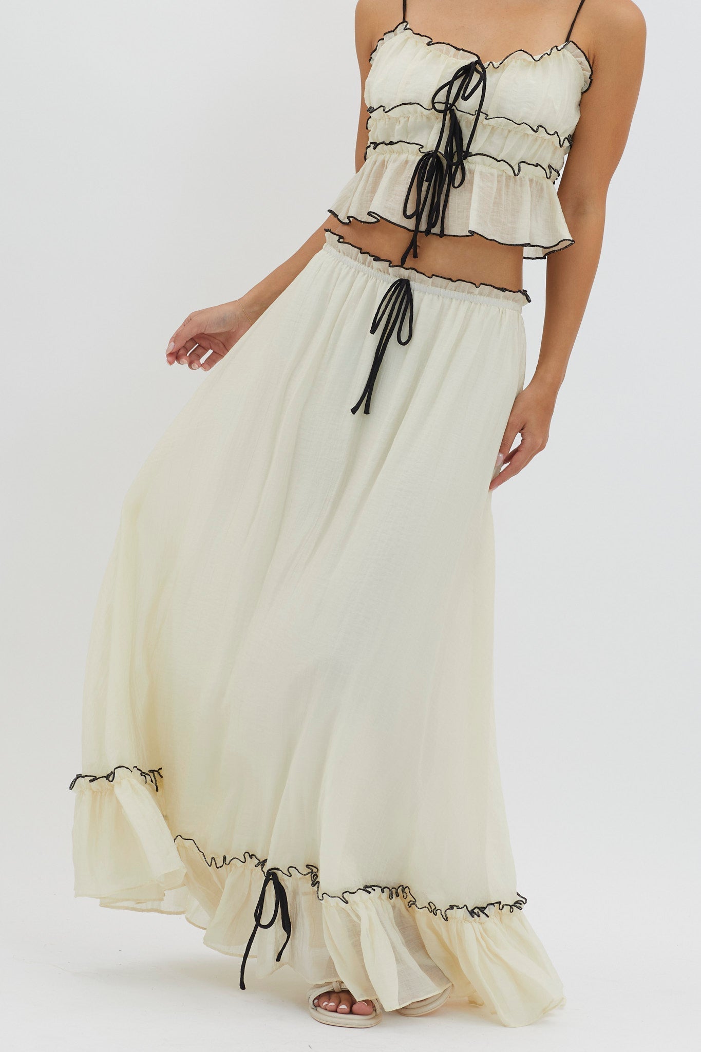 Ruffled Crop Top and Maxi Skirt Set with Breathable Crinkle Fabric