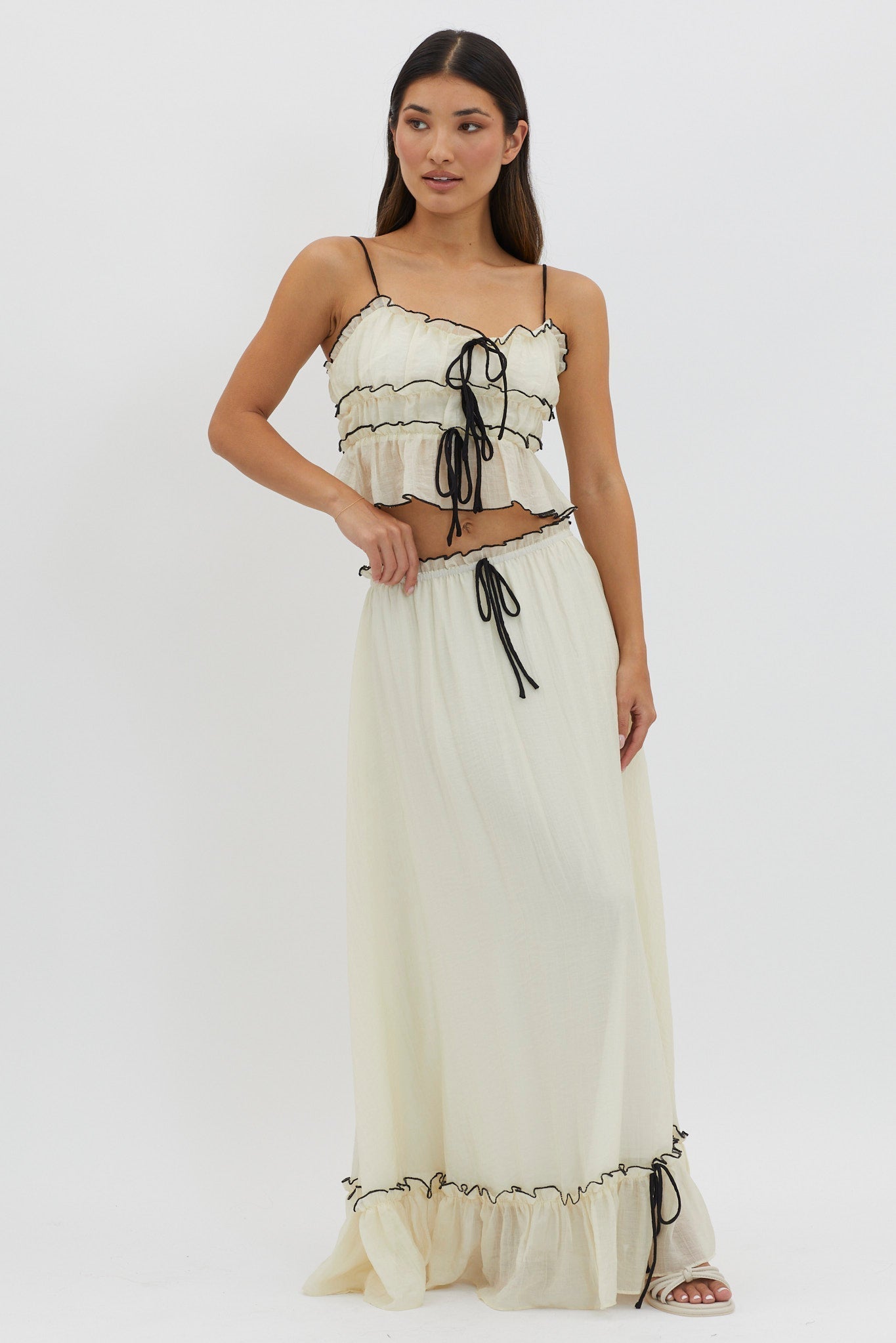 Ruffled Crop Top and Maxi Skirt Set with Breathable Crinkle Fabric