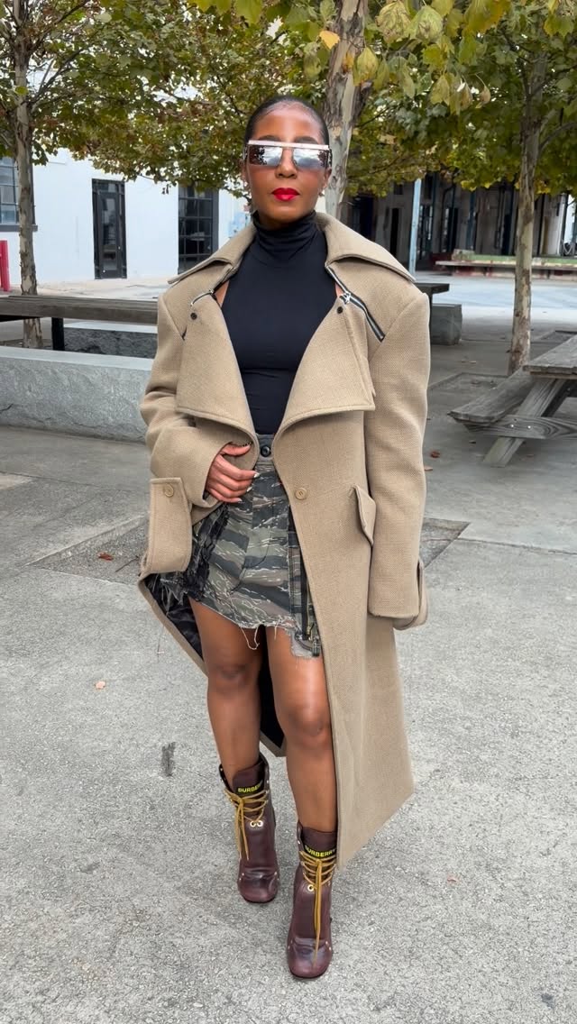 Wool Coat with Zippered Wide Collar and Button Front Closure, Camel