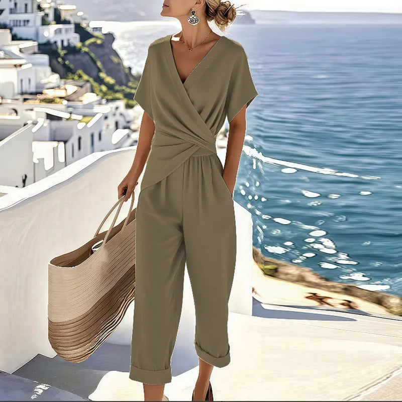 Wrap Front Top and Cropped Trouser Set with Lightweight Breathable Fabric