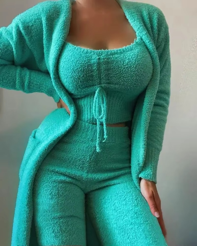 Women's Plush Pajama Set with Open Front Coat and Cropped Top, Elastic Waist Pants