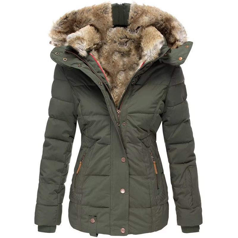 Women's Hooded Parka with Padded Lining and Slim Tailored Fit, Wool-Cotton Windproof Shell